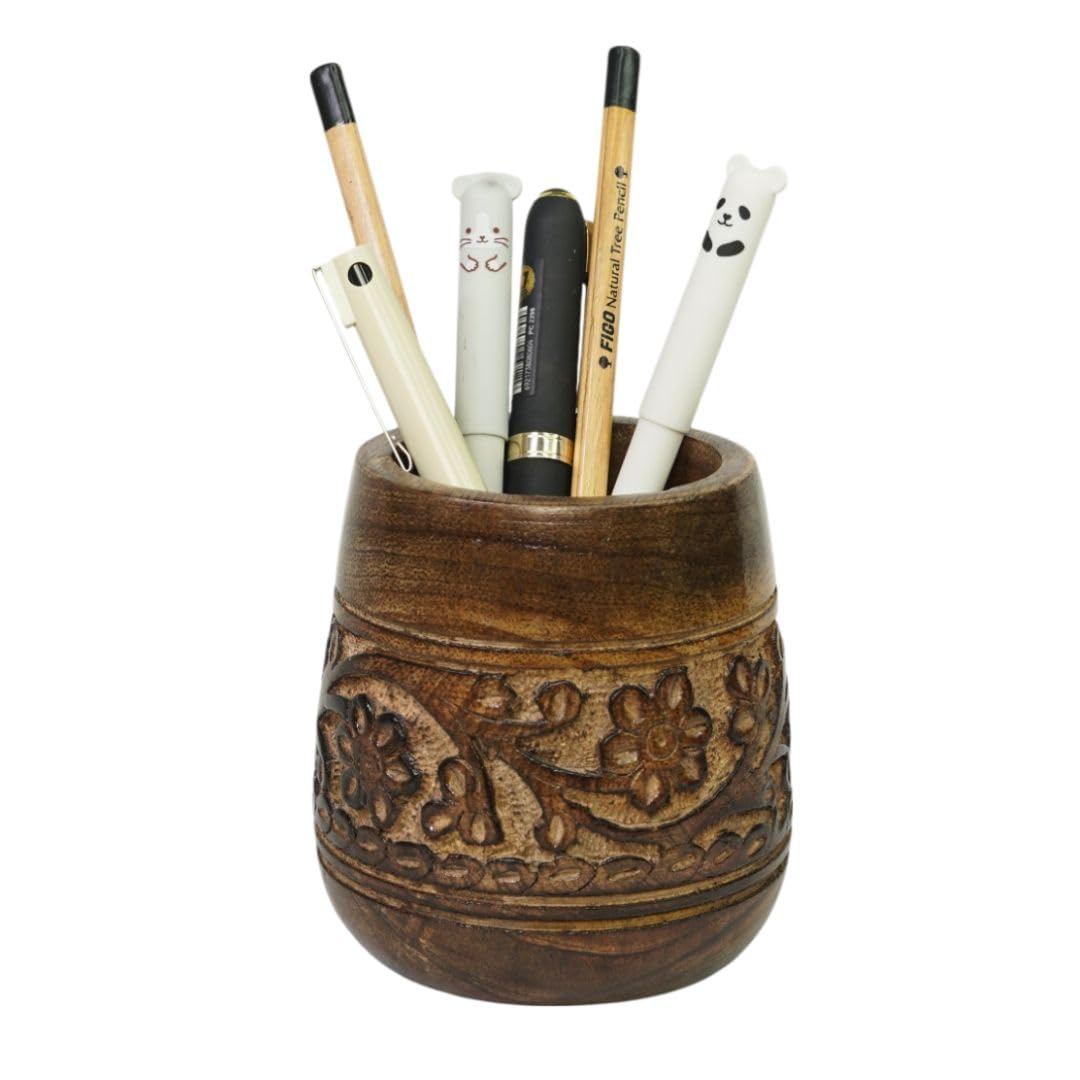 Mie Creations Designer Pencil Holder for Desk Wood | Wooden Pen Stand, Paintbrush Cup, Desk Accessories, Cute Make Up Brush Organizers | Office Desktop Stationery, Christmas Holidays Gift- 4'' Brown