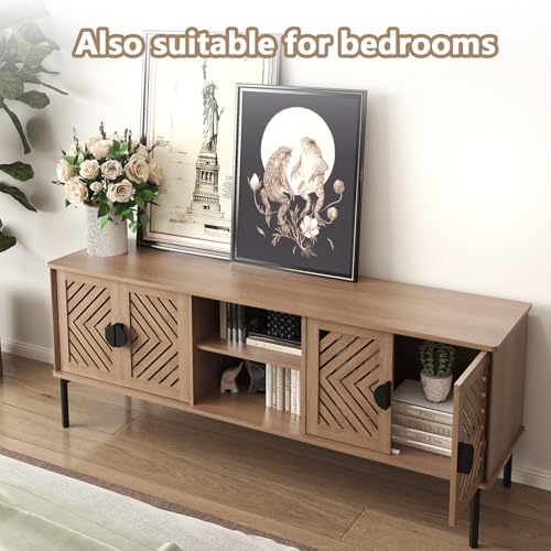 Image of ARTPOWER 63 inch Modern TV Stands，Entertainment Center with Storage，Natural Oak | TV Console for up to 75 inch TVs,TV Cabinet with 4 Doors & Adjustable Shelves, Media Console with Metal Handle for Living Room