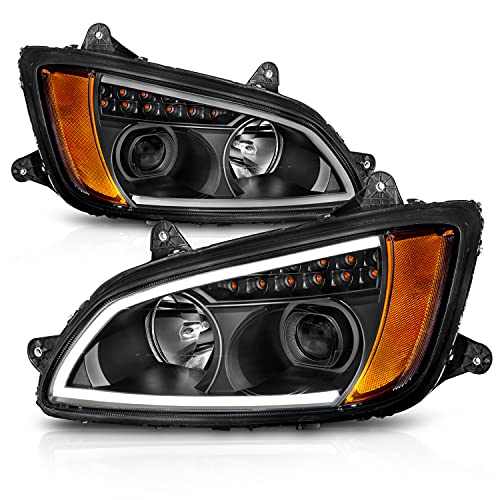AmeriLite for 2008-2017 Kenworth T660 LED Bar Signal Black Projector Replacement Headlights Pair - Passenger and Driver Side
