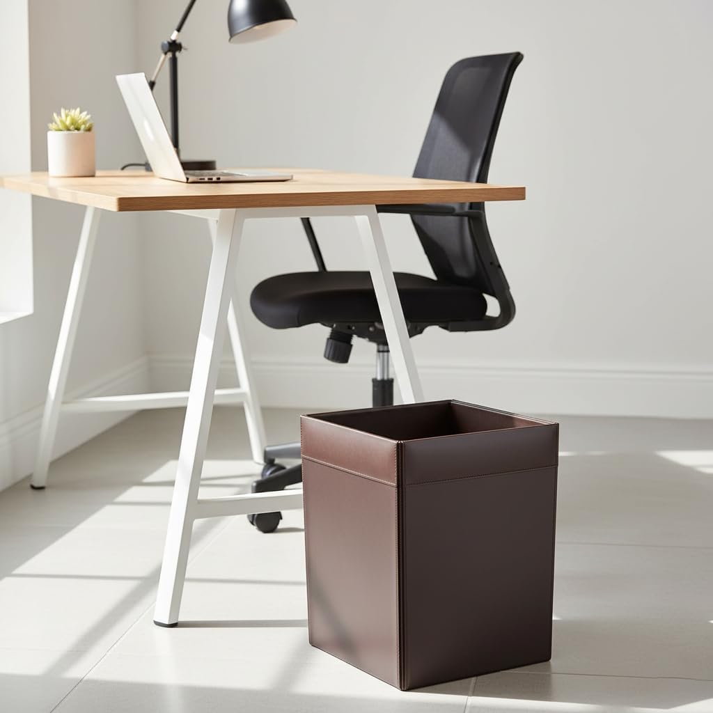 Dacasso 14 Quart Chocolate Brown Leather Square Waste Basket - Luxury Executive Decor and Office Essential