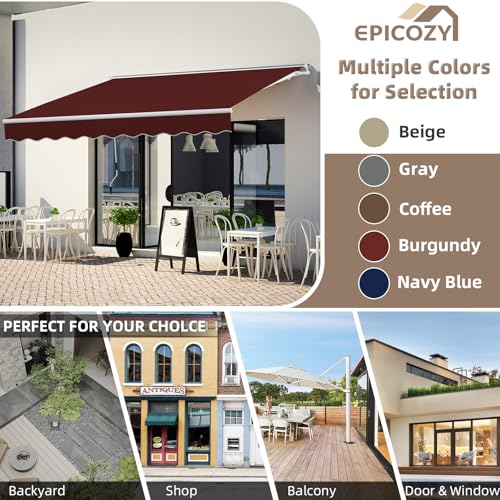 EPICOZY 10' x 8' Manual Retractable Awning, Patio Awnings Sunshade Shelter Cover with Crank Handle and Water-Resistant Polyester, Outdoor Canopy Sunsetter Awnings for Door, Window, Deck, Burgundy