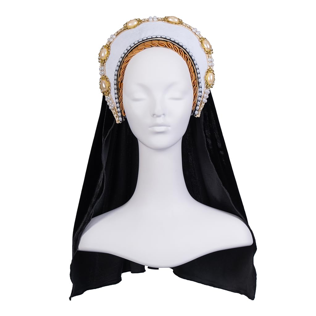 Willyacos Tudor French Hood Anne Boleyn Costume Headpiece Elizabethan Headwear Renaissance Tudor Hat Headdress Headband (White, One size)