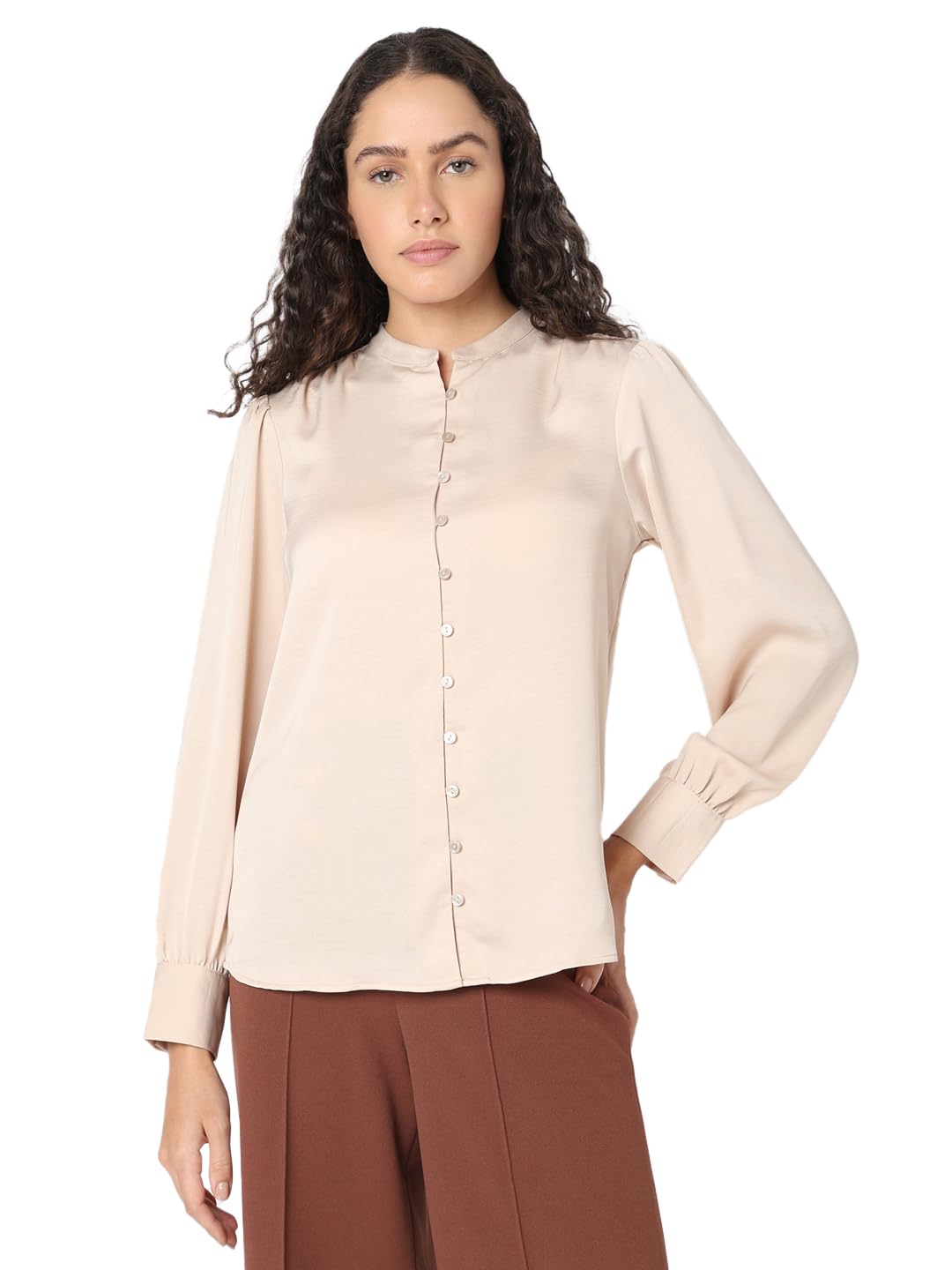 Vero Moda Women Polyester Regular Fit Mandarin Collar Full Sleeves Shirt in neutral