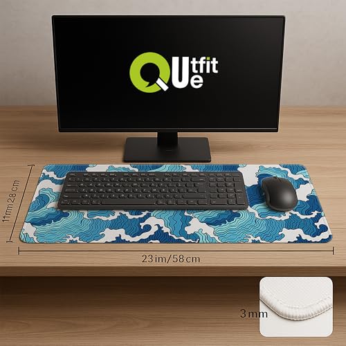 Image of Printed Gaming Mousepad - Premium Stitched Edges, Smooth Surface,Size 11x23 inches, Non-Slip Rubber Base - Ideal for Office & Gaming Setup (Japanese Blue and White Wave)