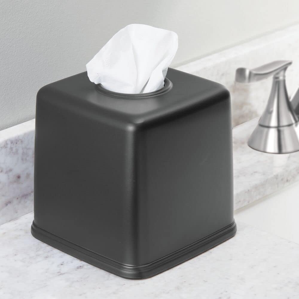 mDesign Plastic Square Facial Tissue Box Cover Holder for Bathroom Vanity Countertops, Bedroom Dressers, Night Stands, Desks and Tables - 2 Pack - Black