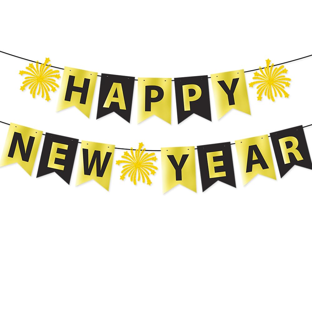 OUDINI Happy New Year Banner 2025 DIY Black & Gold Glitter Bunting for NYE Party Supplies Decorations for Home, Garden Celebrations