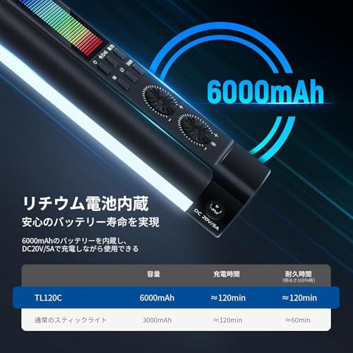NEEWER RGB LEDビデオライト スティックライト 42Wフルカラー RGBWW チューブライト 写真チューブライト 撮影ライト APP/2.4G/DMX制御 7ピクセル効果 18 シーン 2500K-10000K CRI97+ TLCI98+ 6000mAhバッテリー TL120C の商品画像 6