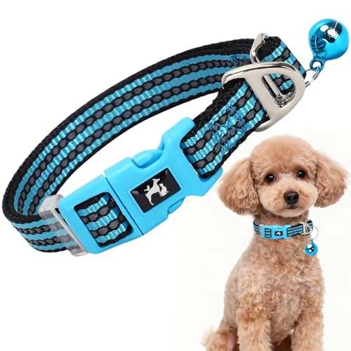 Reflective Dog Collar with Bell - Hypoallergenic Adjustable Nylon Puppy Collar for Night Safety, Soft Comfort Fit Small Dogs & Cats, Blue X-Small B XS
