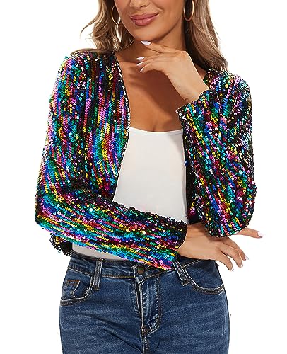 Image of MINTLIMIT Women's Sequin Shrug Bolero Long Sleeve Open Front Party Sparkly Cropped Cardigan Glitter Shiny Jackets