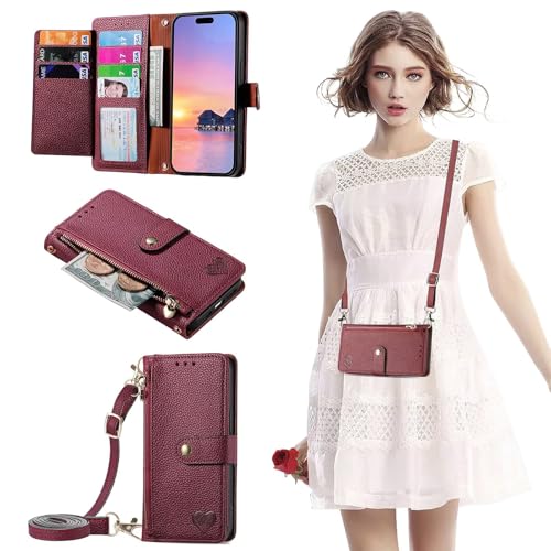 SLWYF Handyhülle für Huawei Mate 60 Pro Plus mit Band Handykette, Premium PU Lederhülle Flip Hülle Schutzhülle Reißverschluss Magnetverschluss Brieftasche mit 7 Kartenfächern, Rot