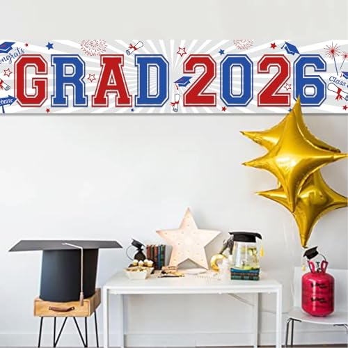 Image of Red Blue Graduation Decorations Class of 2026 Yard Sign Banner Large Red White and Blue Congrats Grad Banner Yard Sign for Graduation Party Supplies