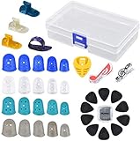 【Protectores de Silicona para Las Yemas de los Dedos】 Protege tus dedos del dolor al tocar la guitarra, reutilizables y duraderos. Viene con 5 tamaños de dedos elásticos, (30 * 23 * 17 mm) * 4, (28 * 20 * 15 mm) * 4, (25 * 18 * 14 mm) * 4, (24 * 16 * 13, mm) * 4, (20 * 14 * 12 mm) * 4. Color: gris, azul, cian y translúcido.