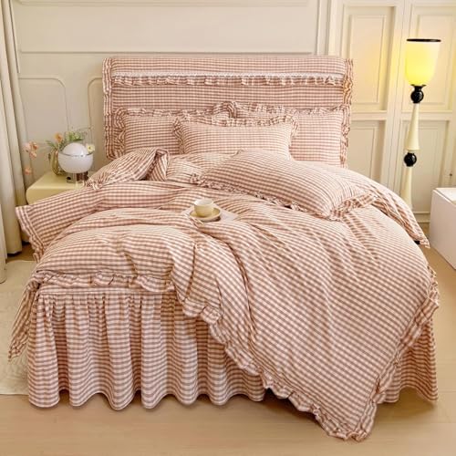 Image of LifeTB Pink Gingham Comforter Set Full Ruffle Pink Plaid Comforter Set 3 Pieces Grid Checkered Pattern Comforter with 2 Pillowcases Fluffy Boho Farmhouse Gingham Bedding Comforter for All Seasons