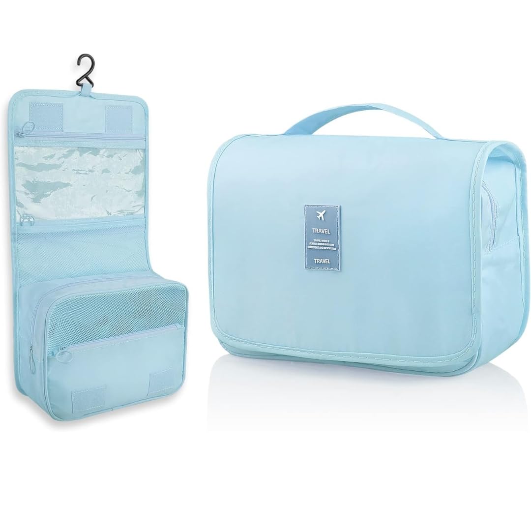 hanging toiletry bag for travel – large makeup organizer pouch – professional cosmetic storage case – grooming kit with compartments for toiletries, beauty essentials, and accessories | blue