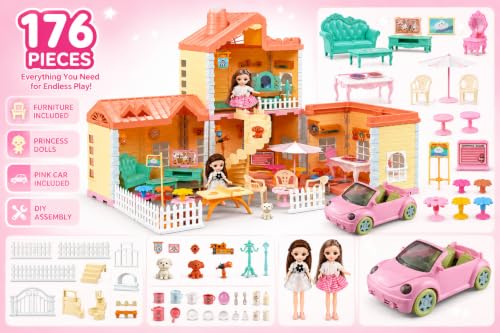 Image of Barbiieee Doll House Playset with Spray Function & Pink Car for Kids | 176 PCS, Spray Function, Pink Car