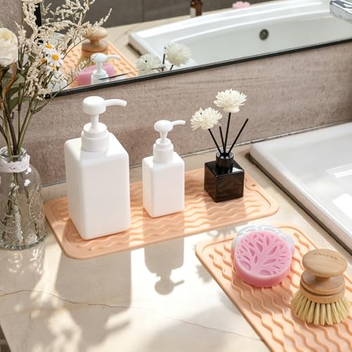 Image of 2 Pack Caketime Silicone Dish Drying Mat for Kitchen Counter Faucet Protector Under Sink Stone Rack Bath Mats for Bathroom Kitchen Decor Usage Absorbent Organizer Drain Tray 12inchx6inch Beige