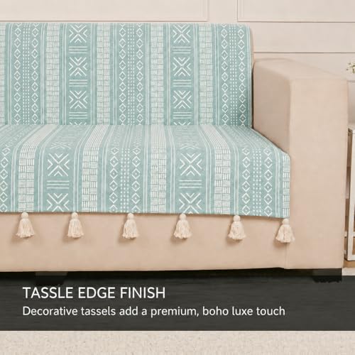 Image of STITCHNEST 'Verdant Bohemian Stories' 1 Seater Sofa Cover - Full Coverage| Elegant Jacquard Fabric, Decorative Tassels, Washable & Durable for Modern Living