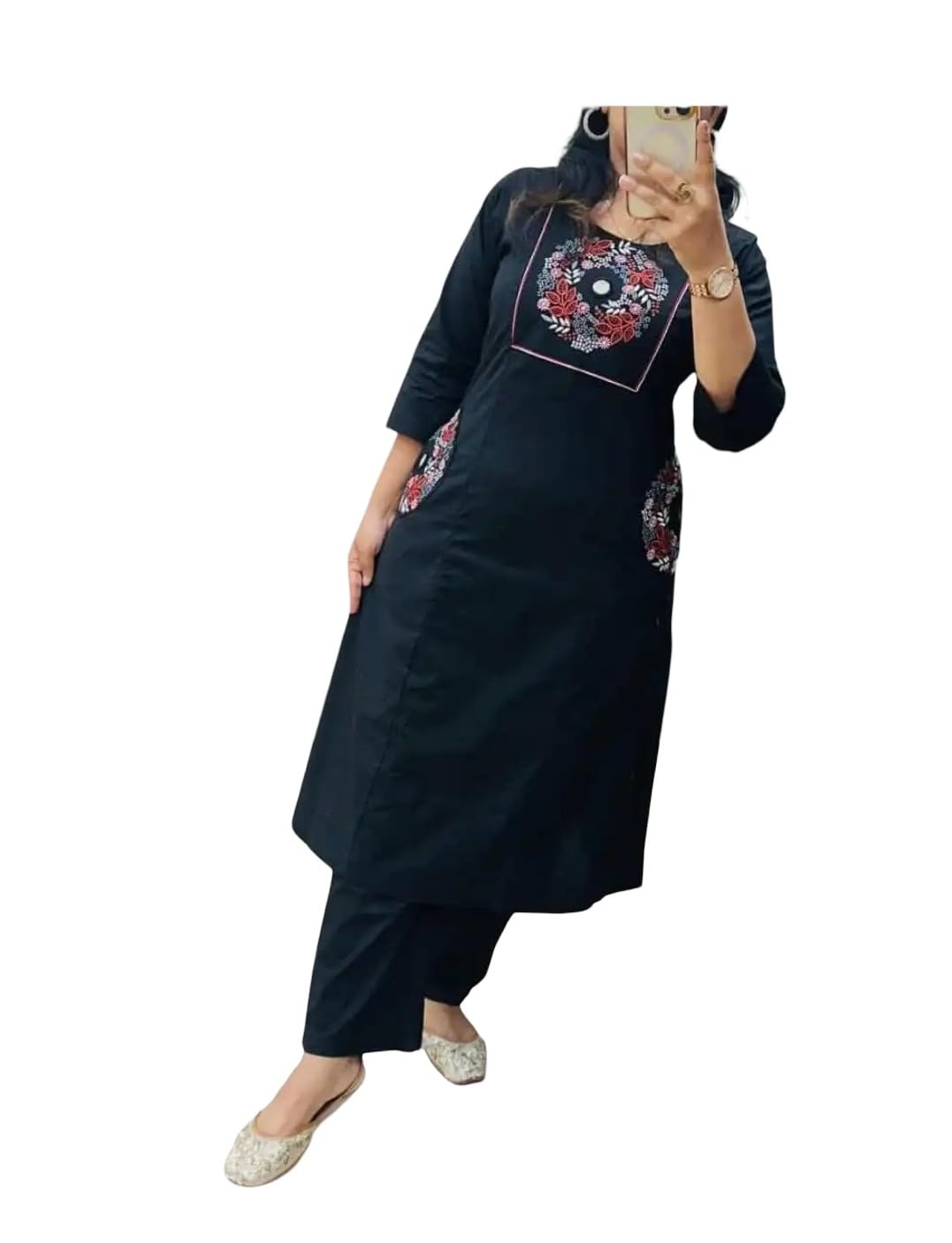 Embroidered A-Line Kurti Set (IN, Alpha, M, Regular, Black)