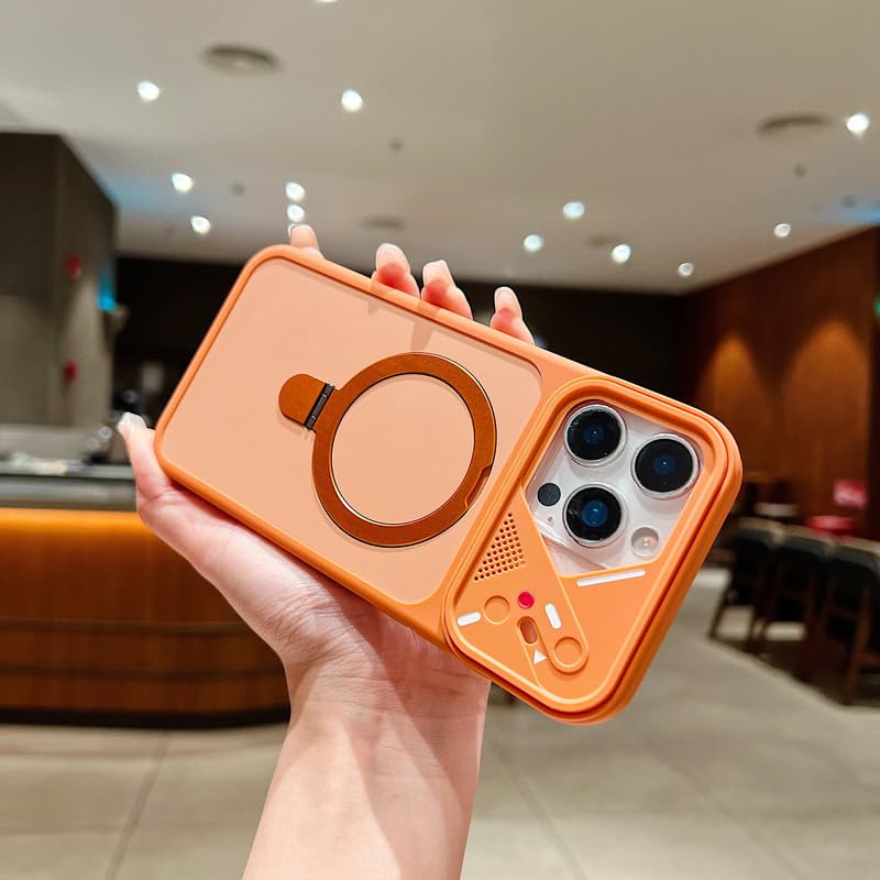 Image of LuxuryKase Magnetic Shockproof Case for iPhone 15 Pro Max | Foldable 110 Metal Ring Kickstand | Matte Finish | Futuristic Camera Shield Design | Slim Profile & MagSafe Compatible - Orange