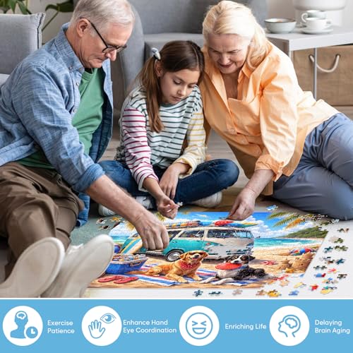 Rompecabezas de 500 piezas para adultos, escena playera con perro y auto, rompecabezas relajante de vacaciones con cachorros, actividad familiar ideal como regalo miniatura 4