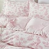 Brandream French Country Toile Duvet Cover Set Full Size for Girls Bedroom Vintage Pink Toile Floral Print 100% Cotton Delicate Ruffle Fringe Soft and Breathable, 3 Pieces Bedding with Zipper Closure