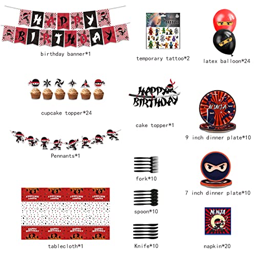 124Pcs Ninja Birthday Party Supplies,Ninja Party Supplies Ninja Birthday Decorations,Included Birthday Banner,Latex Balloons,Cake Topper,Cupcake Toppers,Pull Flowers,Tattoo Stickers And Tablecloths #TOP1