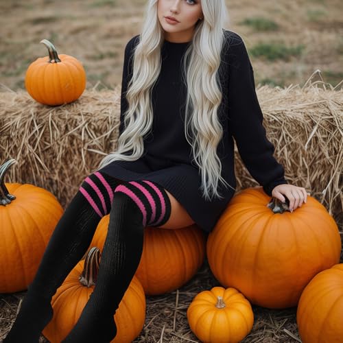 Plus Size Womens Thigh High Socks for Thick Thighs, Striped Over Knee Knit Leg Warmers, Extra Long High Stockings4