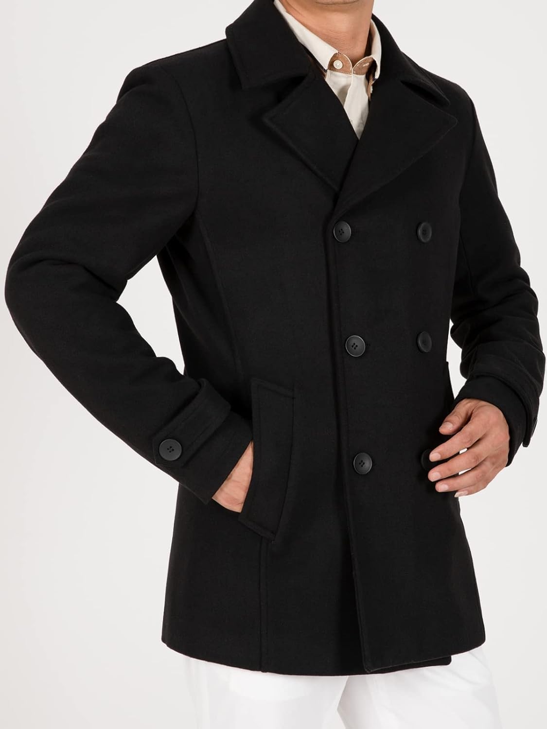 Hacikis Mens Double Breasted Wool Blend Pea Coat Quilted Lined Notched Collar Trench Coats