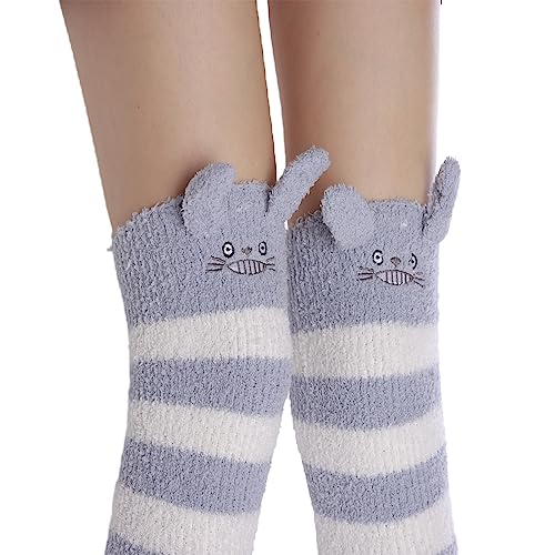 Image of Thigh High Fuzzy Socks Cute Animal Coral Fleece Over the Knee Thigh High Long Stockings Warm Stripe