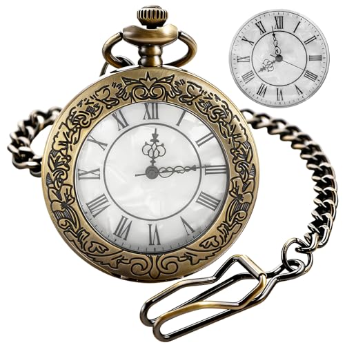 Tiong Reloj de bolsillo de cuarzo para hombre, cubierta transparente de bronce con números romanos blancos con textura ondulada