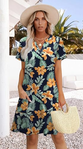 Image of WIHOLL Summer Dresses for Women Casual V Neck Wedding Guest Dress Hawaiian Midi Dress Fashion Beach Vacation Clothes