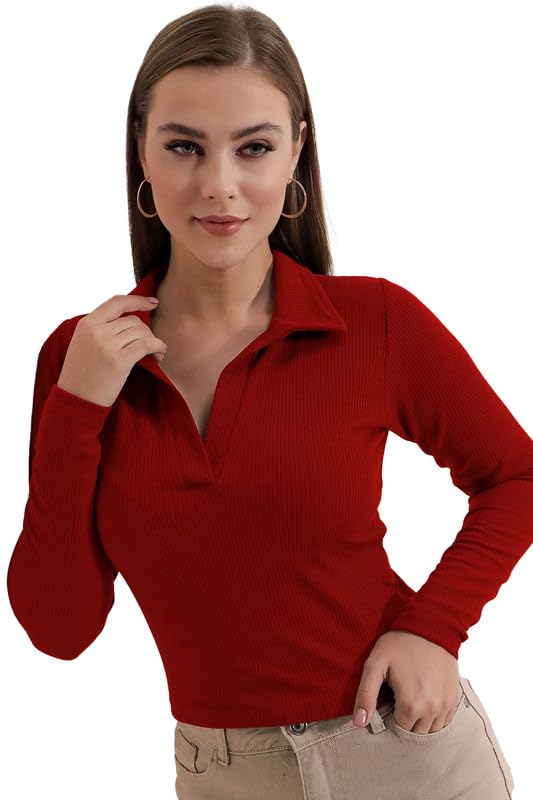 Image of Dream Beauty Fashion Women's Collared Neck Long Sleeve Slim Fit Casual Tee Top, 23 inch inches (Apple-01-P)