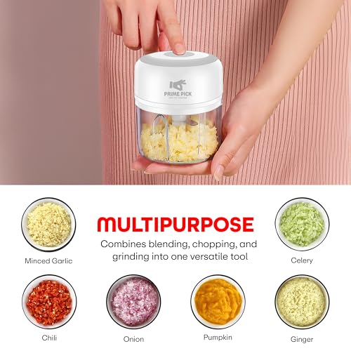 Image of Prime Pick Quick Chop Mini Electric Chopper Rechargeable Food Chopper Stainless Steel Blade One Touch Operation for Garlic Ginger Onion Vegetable Meat Nuts White 250 ml 45 Watt