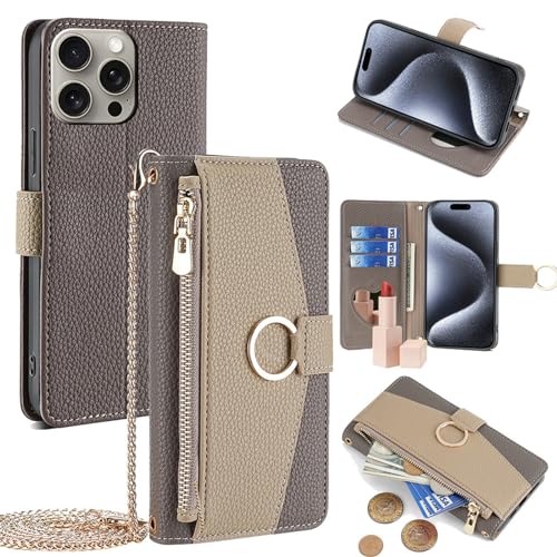Porte-cartes iPhone 14 Pro Max étui portefeuille à bandoulière amovible et rabat gris
