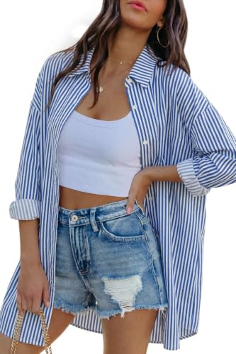 Image of FSHAOES Womens Oversized Button Down Shirts Casual Loose Long Sleeve Solid Lapel Long Blouses Tops with Pockets
