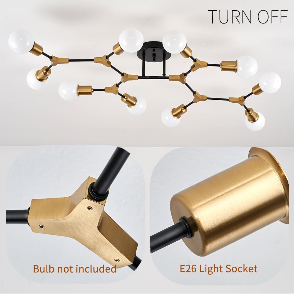 Modern Mid Century Gold and Black Sputnik Semi Flush Mount Ceiling Lighting Fixture for Living Room Dining Room Bedroom Kitchen Island Office, Minimalist Metal 10 Light Chandelier