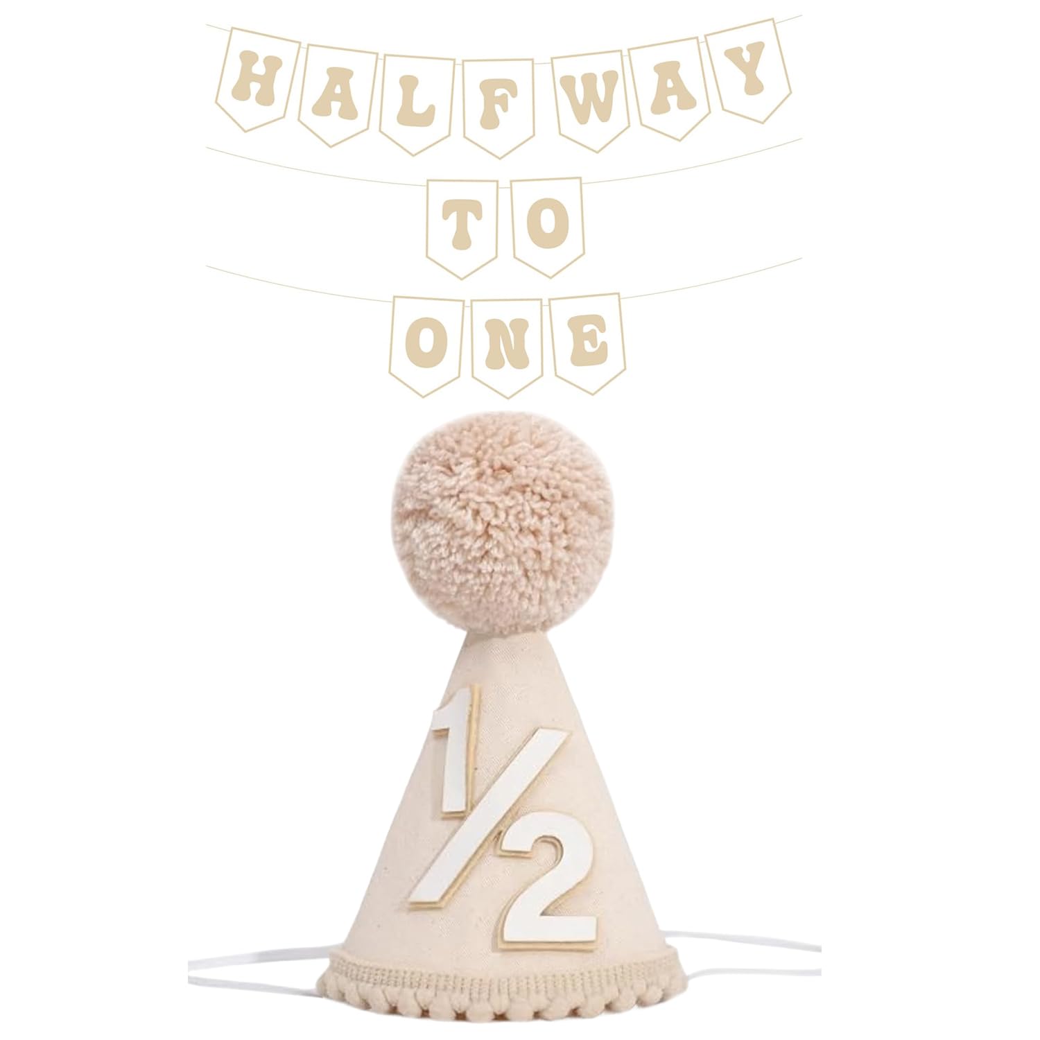 Baby Half Birthday Hat and Banner Set, Coffee Brown Felt Cone Hat with Pom-Pom, Cute Cone Hat, Stylish 1/2 Birthday Decorations for 6 Months Birthday Party, Party Hats for Kids and Photography Props
