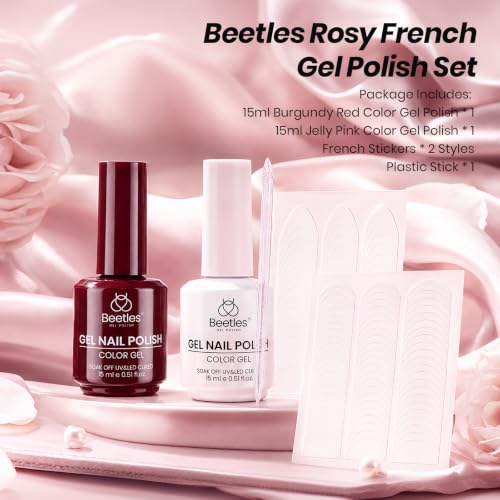 Image of Beetles Burgundy Gel Polish Set, Rosy French 15ml Easy French Tips Kit | Burgundy Jelly Nude Pink Fall Colors Polish with French Nail Stickers Soak Off Uv Gel Manicure Nail Art Design