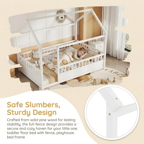 Image of Bellemave Kids Full Size Floor Bed with House Roof Frame and Safety Fence, Wooden Montessori Bed, Low Profile Playhouse Bed for Boys Girls Bedroom (White)