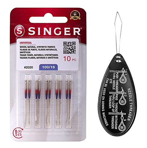 Singer Universal 2020 Sewing Machine Needles, Packet of 10, Size 100/16, Includes Large Needle Threader