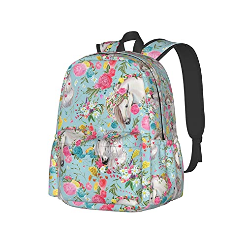 Sac à dos ordinateur 17 pouces grand format imprimé cheval fleur avec rangements pratiques