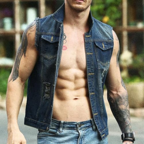 Mens Denim Vests Sleeveless Slim Fit Ripped Distressed Button Down Jean Vest Jackets4