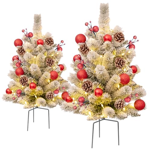 24'' Mini Artificial Christmas Tree with LED Lights, Faux Pine Cones and Berrys, Pre-Lit Snow Flocked Xmas White Trees, Christmas Porch Decorations Small Fake Trees for Outdoor, Home & Yard - Set of 2