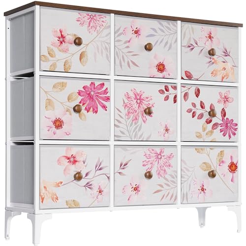 LYNCOHOME Chest of Drawers, Pink Bedroom Furniture with 9 Fabric Drawers, Storage Unit with Metal Frame and Wooden Top for Bedroom Living room, Nursery, Closet