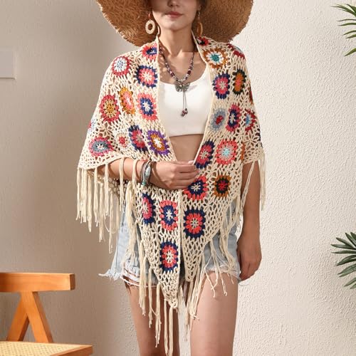 SMDPPWDBB Handmade Crochet Fringed Poncho Cape Shawls Wraps Granny Square Womens Coat Sweater3