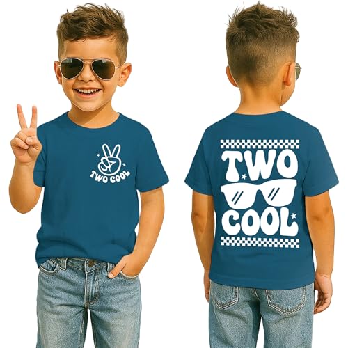 SANIXJOO Two Cool Birthday T-Shirt Short Sleeve 2nd Birthday Boy Tshirt 2 Year Old Toddler Boys Second Bday Party Tops Outfit(Blue 2T)