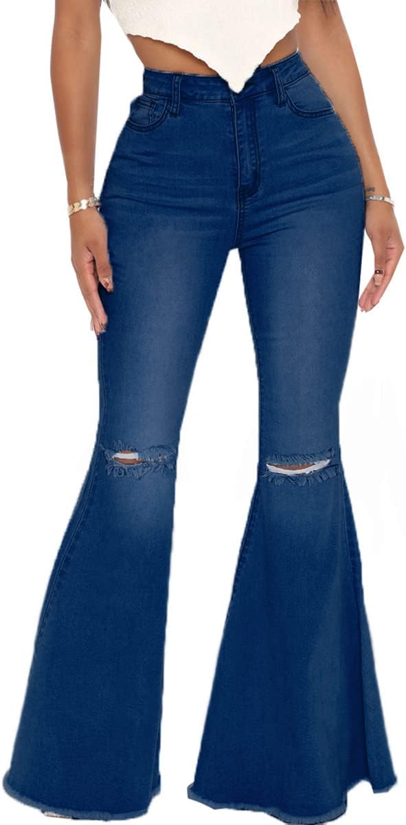 Bell Bottom Jeans for Women Ripped High Waisted Classic Flared Denim Pants