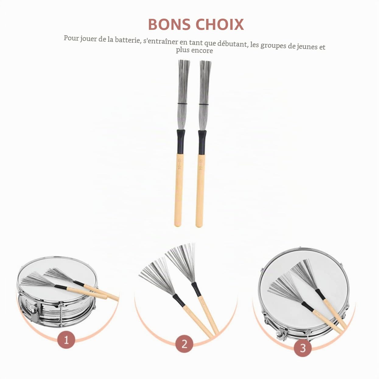 Brosse À Tambour En Fil D'Acier Avec Poignée En Bois 12.80 Pouces Balais Pour Batterie Jazz Accessoires De Percussions Pour Batteurs Débutants Et Professionnels
