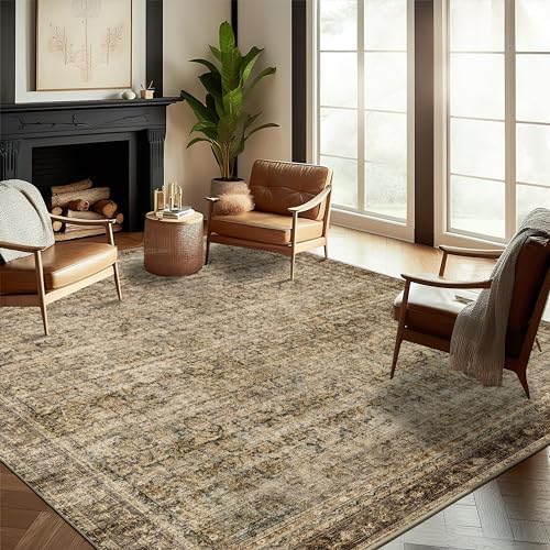 CHAMPLANT Area Rug 8x10 Washable Rug Brown Vintage Traditional Mat Distressed Indoor Foldable Thin Retro Accent Floral Non Slip Carpet Living Room Dining Room Office