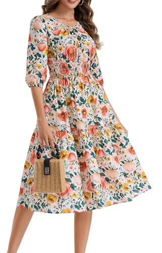 Image of Kormei Women Casual Boho Floral Round Neck 3 /4 Sleeve Smocked Waist Tiered A Line Flowy Swing Midi Dress Long Dresses